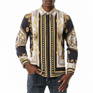 Vintage Baroque Style Mens Dress Shirts 2021 Royal Print Shirt Men Party Wedding Social Streetwear Male Men's Casual307M