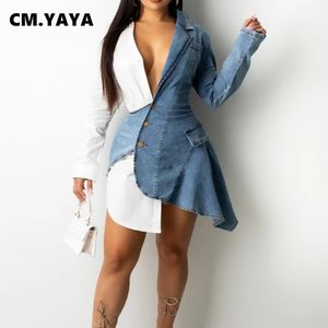 Vestidos Sexy Urbanos CM YAYA Mulheres Denim Patchwor Button Up Manga Longa Uma Linha Irregular Vestido Ins Outono Inverno Streetwear Elegante 230918