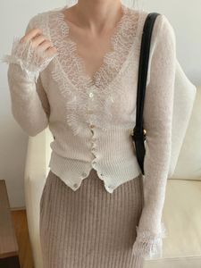 Women's Sweaters 2023 SWC3563JXQ Korean Fashion Chic Vintage Sweater Lace Women Autumn Winter Knitted V-Neck Cardigans Elegant