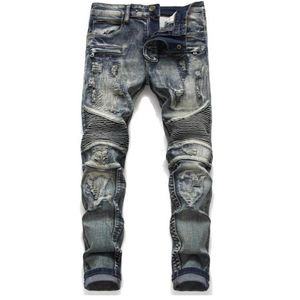 Mens Classic Biker Jeans Male Slim Straight Knee Drape Panel Moto Biker Jeans Destoed Ripped Stretch Hip Hop Trousers #1806272f