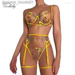 Sexy Set BHs Sets Varsbaby Frauen Transparente Stickerei Höschen Unterwäsche Set 3-teilige Sexy Strumpfbänder Blumen Schöne Kurze Dessous Kits L230918