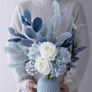 Fresh Nordic Artificial Silk Flower Elegant Simulation White Rose Hydrangea Bouquet With Ceramic Vase For Home Table Decoration
