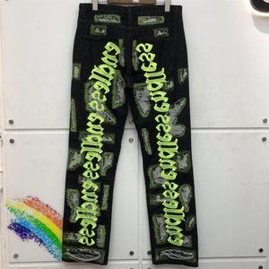 Distressed Endless Damage Hole Denim Jeans Men Women Straight Fluorescent Green Letter Embroidery Pants243O