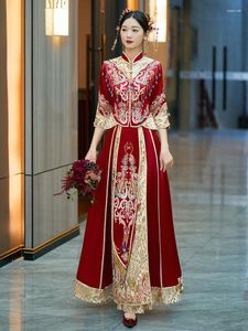 Ethnic Clothing Vintage Sequins Beaded Embroidery Chinese Tang Suit Traditional Women Wedding Cheongsam Oriental Elegant Bride Dress Gown