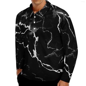 Herren Polos Faux Black Marble Poloshirts Herbst Abstrakter Druck Freizeithemd Langarmkragen Streetwear Grafik Übergroße T-Shirts
