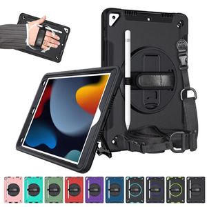 Protective Shockproof Rugged Tablet Case with Built-in Screen Protector for iPad mini Air pro 9.7 10.2 10.9 11 12.9 Inch Generation Cover 360° Rotating Hand Strap Stand