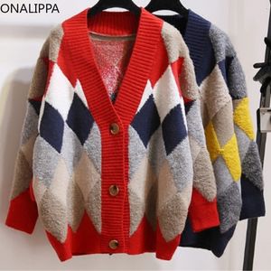 Suéteres femininos Onalippa Slouchy Estilo Contraste Xadrez Cardigan de malha com decote em V Single Breasted Cardigans de comprimento médio Coreano All Match Sweater 230918