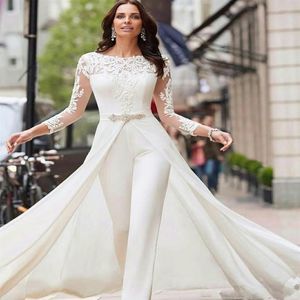 Eleganckie liniowe suknie ślubne długie rękawy koronkowy kombinezon 2023 Szyfonowy aplikacja Rucha Sweat Train Wedding Bridal Gowns229Q