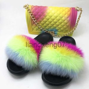 Hausschuhe Flauschige Frauen Fell Hausschuhe Set-Handtasche Pelzigen Echt Fuchs Pelz Rutschen Schuhe Regenbogen Bunte Gelee Schulter Tasche Candy Crossbody geldbörse x0916