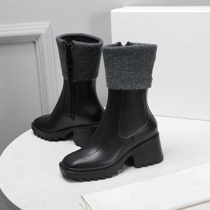 Luxury Brand Womens Half Rain Boots Wool Flying Fabric High Heel 7CM Autumn Winter Outdoor Betty PVC Size 35-41