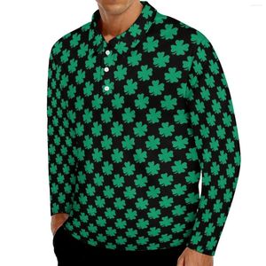 Herrpolos Green Shamrock Casual T-shirts St Patrick's Day Polo Shirt Man Retro Autumn Long Sleeve Graphic Clothing Big Size