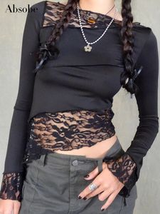 T-shirt das mulheres Absobe Lace Assimétrico Patchwork Crop Top Mulheres Crew T-shirt Manga Pétala Sheer Versátil Slim Tee Tie Outfit Streetwear 230918