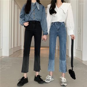 Jeans femininos N4910 perna reta design calças de cintura alta nono