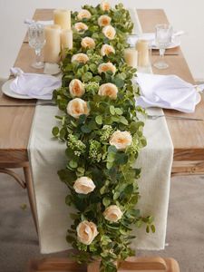 Flores decorativas 2m de alta qualidade artificial videira eucalipto guirlanda com rosa flor falsa mesa de casamento interior ao ar livre decoração de suspensão de parede