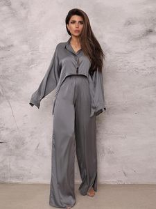 Women's Sleepwear Hiloc Chic Crop Tops Women Sets With Pants High Waist Trouser Suits 2023 Black Satin Pajamas Loose Grey Home Suit