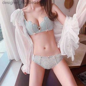 Sexy Set Bras Define Sexy Lace Underwear Set Japonês Bonito Menina Pequeno Peito Reunido Respirável Peito Fechado Sem Anel de Aço Sutiã Fino L230918