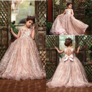 2020 Nya Rose Gold Sequined Flower Girl Dresses For Weddings Lace Sequin Bow Open Back Sleeveless Girls Pageant Dress Kids Commun220n