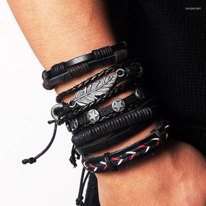 Charme pulseiras pulseira de couro vintage moda mão-malha multi-camada folha de penas e presente masculino