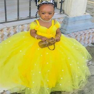 2021 Yellow Pearls Flower Girl Dresses Ball Gown Spaghetti Hand Made Flowers lilttle Kids Birthday Pageant Wedding Gowns221e