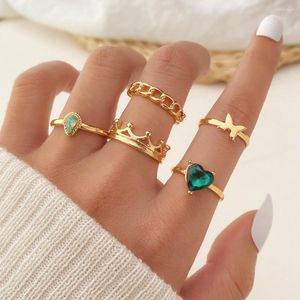 Hochzeit Ringe 5 stücke Herz Grün Kristall Schmetterling Set Für Frauen Vergoldet Vintage Geometrische Luxus Crown Anillos Dame Schmuck