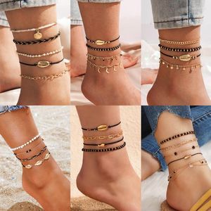 Anklets Bohemian Shell pärlstav för kvinnor män svart rep stjärna fjäril fotkedja justerbara smycken men8007