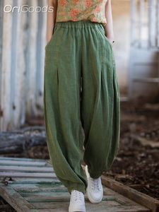 Kobiety Pants Women Harem Ramie Cotton Elastyczna talia Solid Color Army Green Lose Spring Summer Vintage Spodni B123