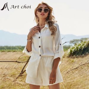 Women's Tracksuits Summer Beach Leisure Button White Suit Cotton Linen Twopiece Long Sleeve Shirt Shorts Outfits 230915