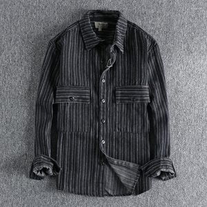 Camicie casual da uomo Camicia di jeans cargo in denim pesante pesante spessa Abbigliamento retrò Lavato Top oversize Moda Abbigliamento spogliato verticale Allentato