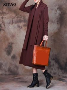 Günlük elbiseler xitao vintage örgü elbise moda uzun kollu basitlik gevşek kazak kadın kazak 2023 Sonbahar DMJ2516