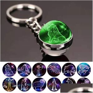 Kliny Smycze 12 Konstelacja Luminous Glass Ball Wiselant Zodiac Blakein Glow In The Dark Key Chain Uchwyt mężczyźni Kobiety urodziny G dhlni