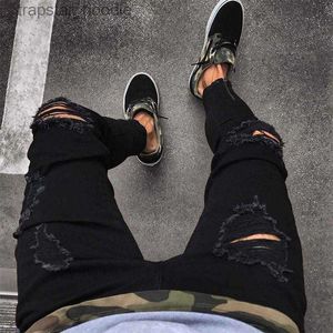 Men's Jeans Men's Black Ripped Jeans Washed Frayed Trousers Zipper Decoration street elastic Pants L2309119