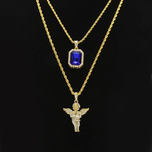 Mens Hip Hop Jewelry sets Mini Square Ruby Sapphire Full crystal Diamond Angel wings pendant Gold chain necklaces For male Hiphop 209y