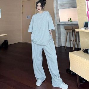 Kadın pijama pijama setleri moda yaz katı yarım kol üstleri rahat gevşek geniş bacak pantolonları 2 adet kadınlar için set