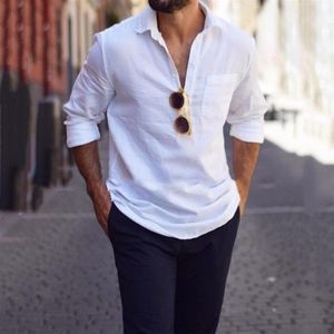 Camisas Casuais Masculinas Feitong Blusa Camisa de Linho de Algodão Branco Manga Comprida Lapela Bolso Tops Masculino Tee Para Men303u