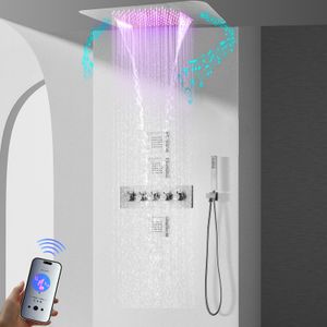 Cabeça de chuveiro LED embutida no teto 580 * 380 mm com alto-falante musical Conjunto de torneira de chuveiro termostática para banheiro