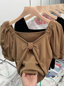 Kvinnors T-skjortor T-shirt Y2K Kort ärm Square Collar Crop Top Korean Vintage Harajuku Fashion Khaki Kawaii Baby Tee Clothes