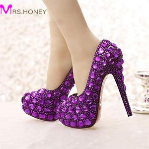 Purple Crystal Bridal Shoes High Heel Platforms Handgjorda vackra strass Bröllopsfestskor Luxury Graudation Prom Pumps239U