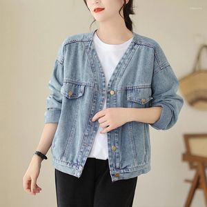 Kadın Ceketleri Düşüş Edebiyat Vintage Denim Kadınlar Ceket Sıradan V yaka tek göğüslü gevşek kısa üstler moda çok yönlü cepler kadın