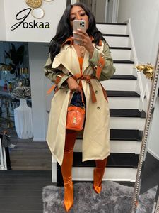 Kvinnors jackor jokaa mode kontrast färg lapel långa ärmar outwear casual windbreaker designer kläder faller kvinnor trench coat 230918