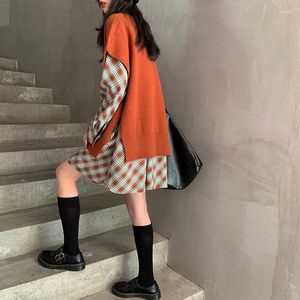 Work Dresses Woman Knitted Sweater Suit Female Fashion Long Sleeve Tops Vests And Split Plaid Print Skirt Two Piece Sets G579
