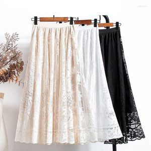 Skirts Luckbn French Lace Half Length Skirt for Women 2023 A-line Long Large Swing Mesh Hollowed Out Women's Pleated