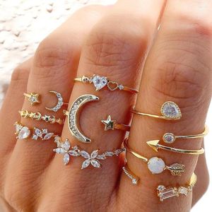 Cluster Rings Bohemian Midi Knuckle Ring Set For Women Crystal Stars Moon Flower Love Crescent Geometric Finger Vintage Jewelry