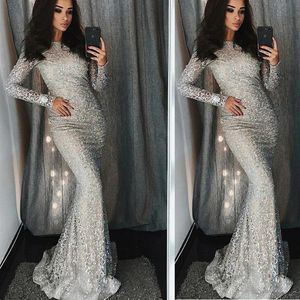 Silver Evening Dress Long Sparkle 2022 Nya High Neck Women Elegant Straps Sequin Mermaid Maxi Prom Party Gown Dress Abendkleider239T