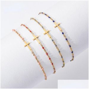 Braccialetti con ciondoli Delicato Boho Perline di cristallo Cavigliere con croce in pietra per donne Ragazze adolescenti Catena in acciaio inossidabile Gioielli fatti a mano Drop De Dhovh