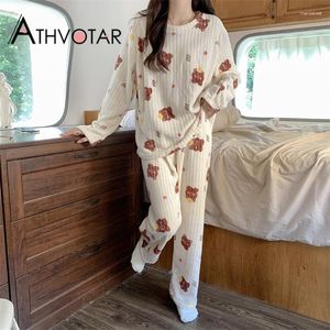 Kvinnors sömnkläder athvotar varma pyjamas set kvinnor vinter flanell förtjockad koreansk fleece 2-stycke lösa söta hemkläder