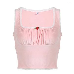Women's Tanks 2023 Pink Crop Top Cute Baby Tee Y2K Fairy Grunge Women Summer Velvet Tank Tops Slim Kawaii Clothes