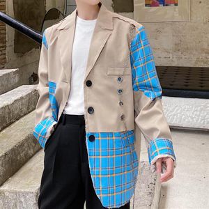 Хаки Винтажная мода хип-хоп пиджак мужской сломанный край металлическая цепочка с отверстиями клетчатая уличная одежда повседневные пиджаки пальто мужские 304p