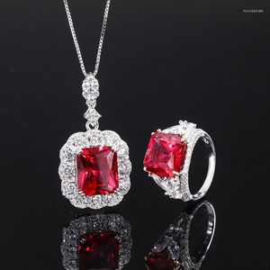 Necklace Earrings Set S925 All Over Silver Tiktok Fashionable Pigeon Blood Ruby Retro Style Pendant Jewelry Ring