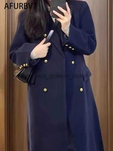 Kvinnors ull blandar korea kvinnor vår höst svart lös lång ull jacka bälte ull överrock dubbel breasted marinblå ytterkläder 3xll230918