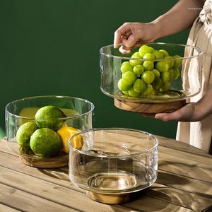 Bowls Glass Fruit Bowl With Wood Base Snack Nuts Container Large Capacity Clear Salad Serving Luxury Kitchen Tableware